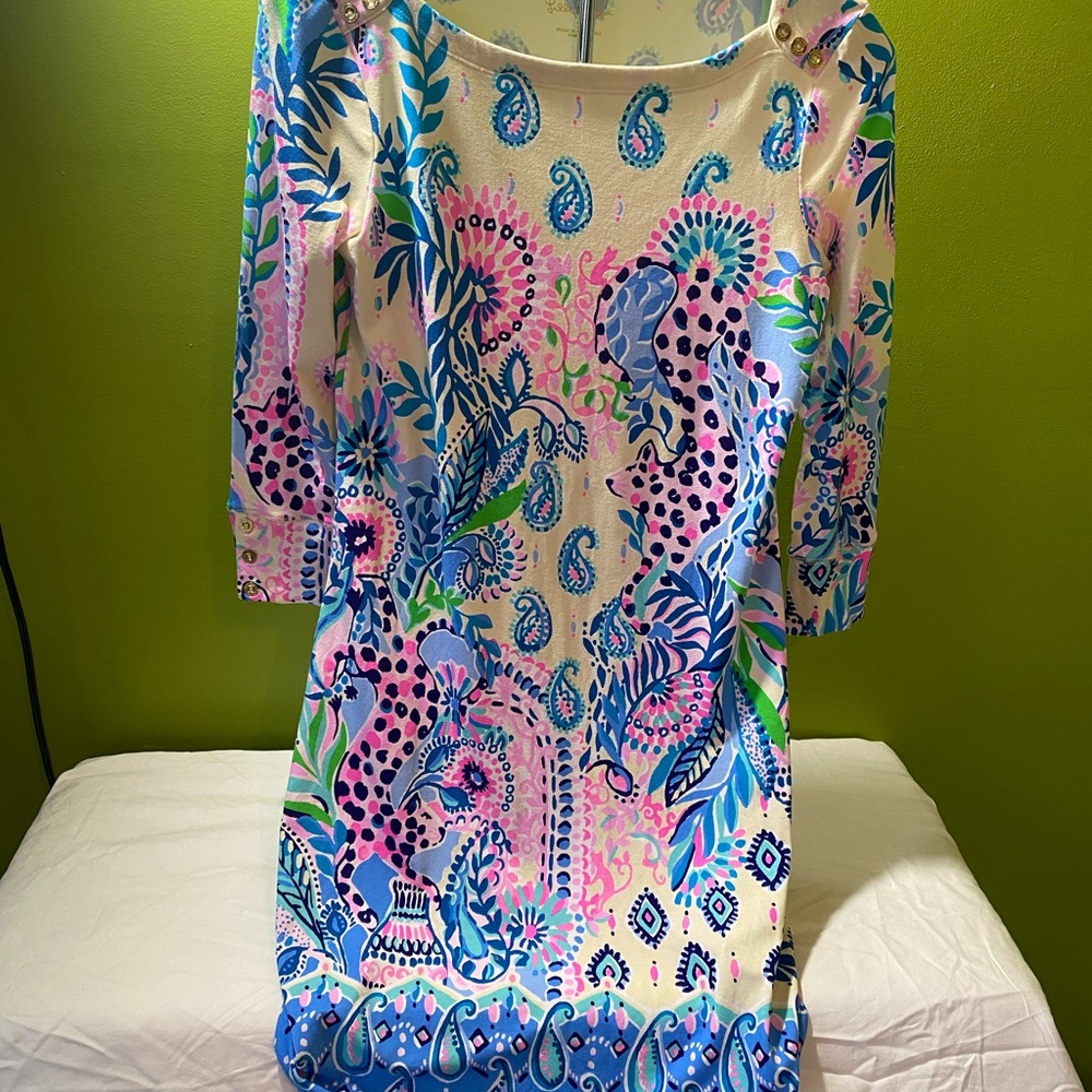 Lilly Pulitzer Pink and Blue Sheath Dress Bateau Neck 3/4 Sleeve